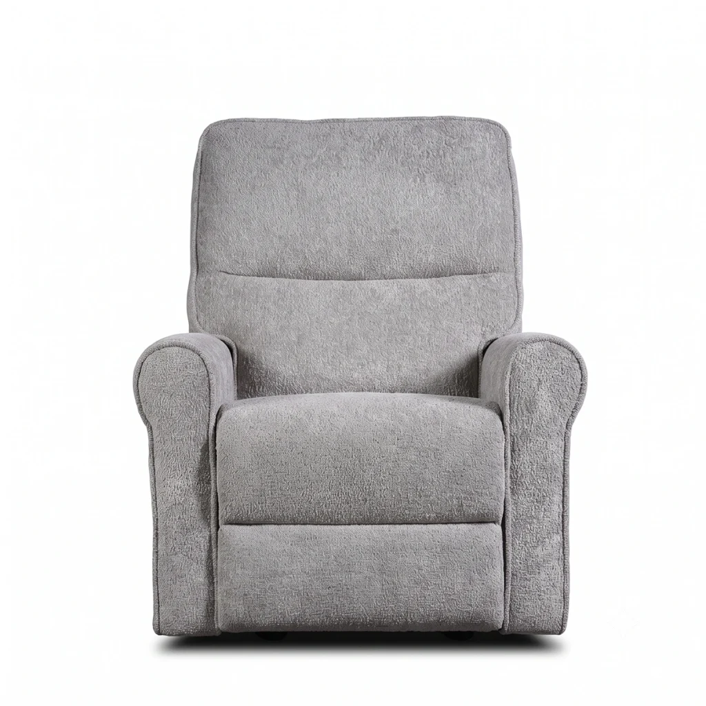 Liam 30 inch compact manual recliner chair with rolled arms in light grey fabric, front view upright.
