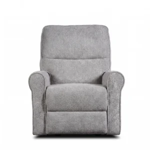 Liam 30 inch compact manual recliner chair with rolled arms in light grey fabric, front view upright.