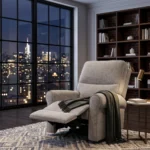 3D lifestyle rendering of Liam 30-inch light grey manual recliner chair in a serene modern nursery and bedroom.