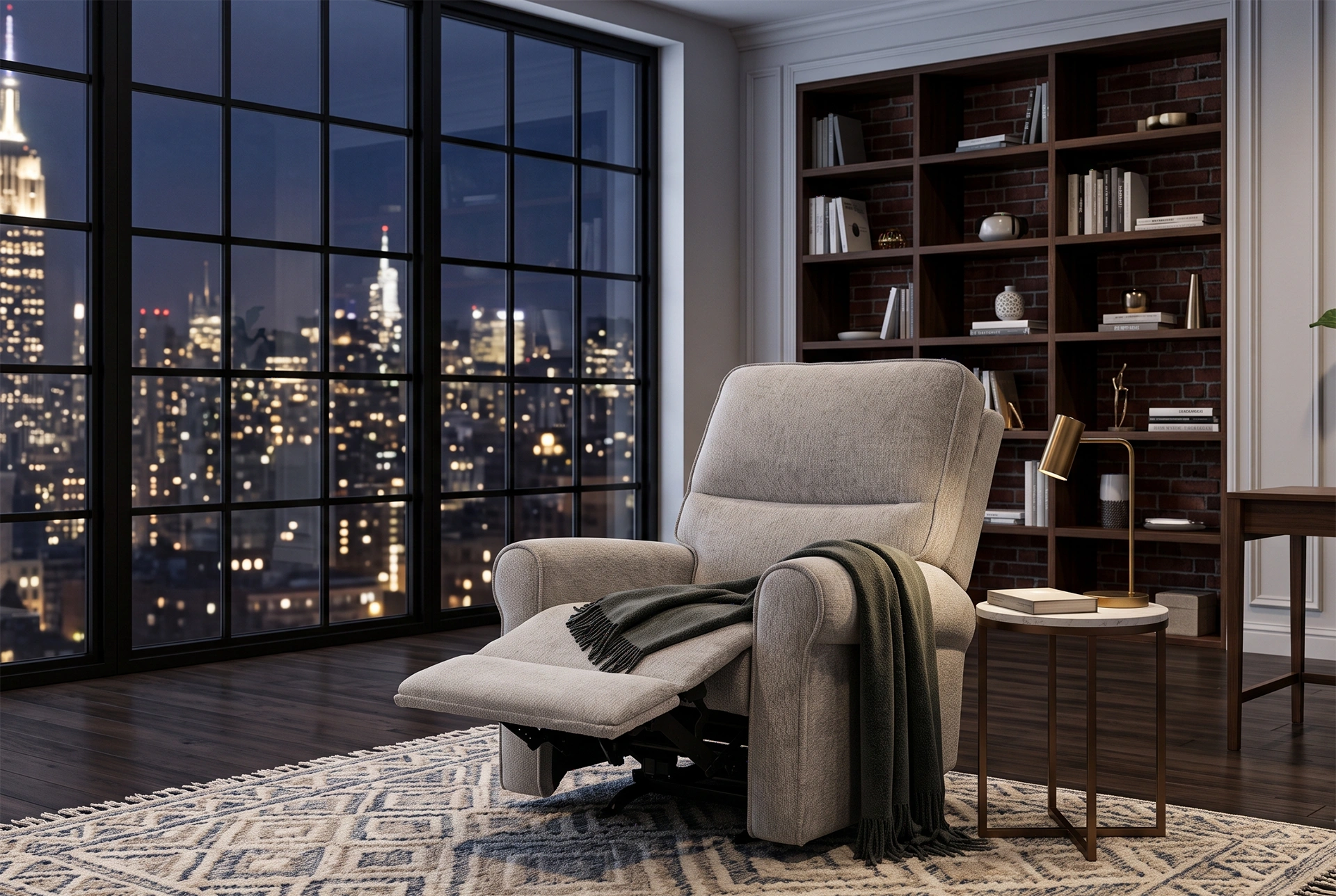 3D lifestyle rendering of Liam 30-inch light grey manual recliner chair in a serene modern nursery and bedroom.