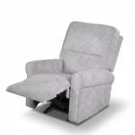 30-degree side profile of Liam light grey manual recliner in full recline lounging position.