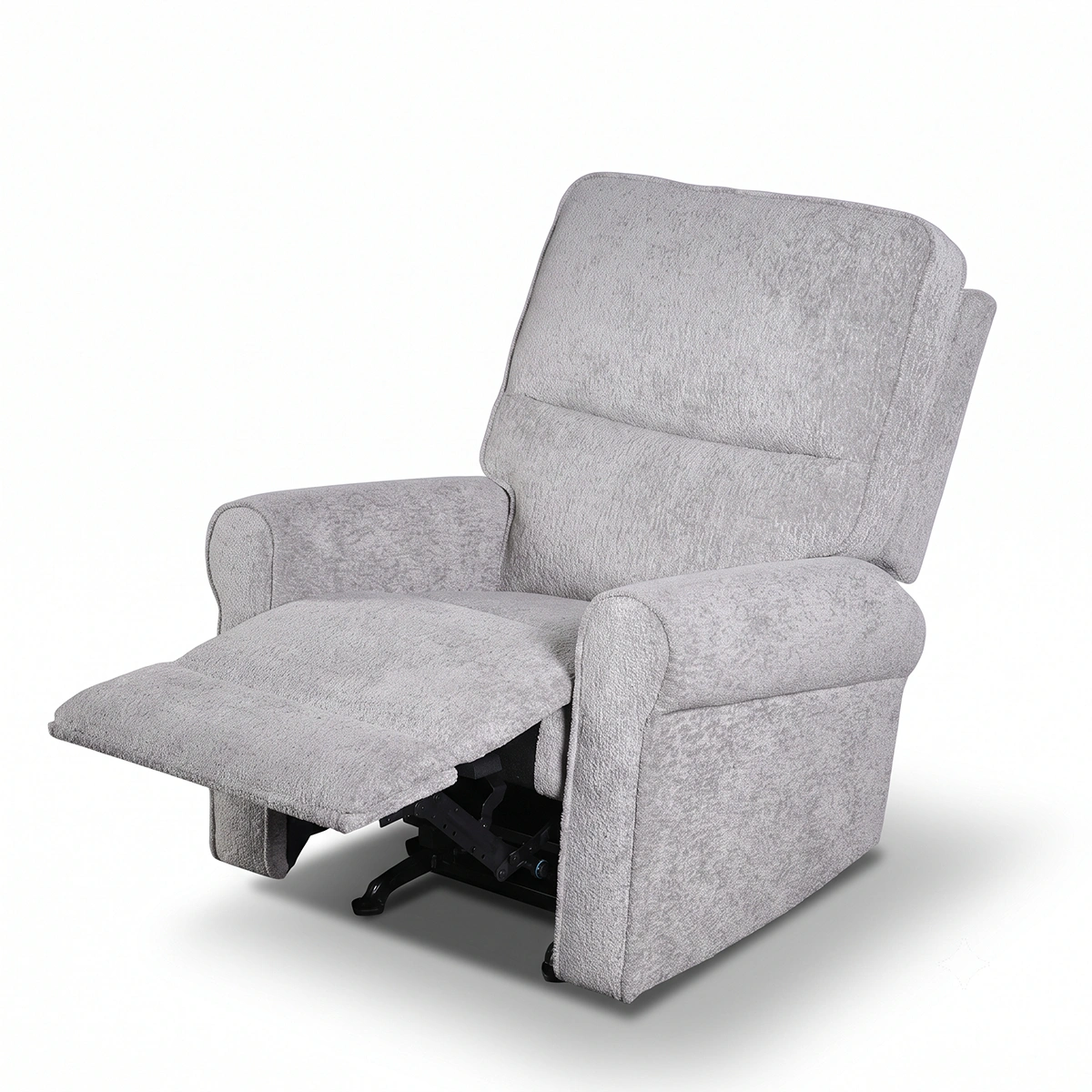 30-degree side profile of Liam light grey manual recliner in full recline lounging position.