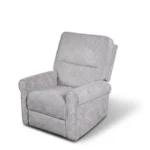 Three-quarter 30-degree profile view of Liam compact manual recliner chair closed.