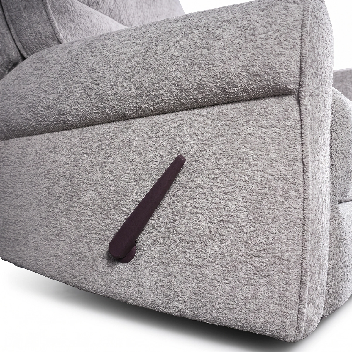 Close-up of exterior recessed manual pull-tab recline release mechanism on side panel.
