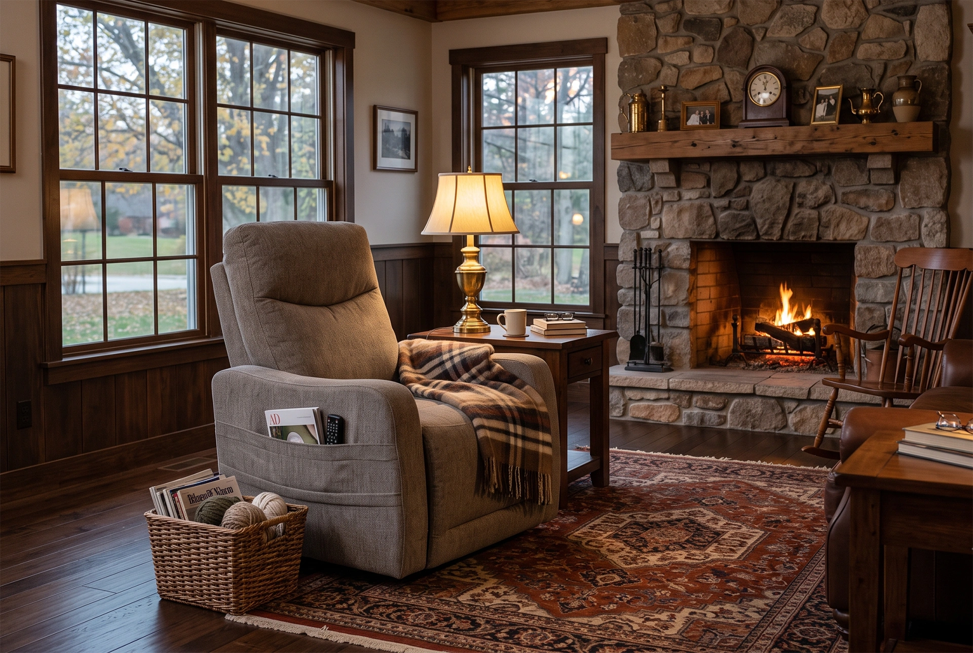 3D lifestyle rendering of Mason 33-inch power recliner chair in a cozy sunlit reading nook.
