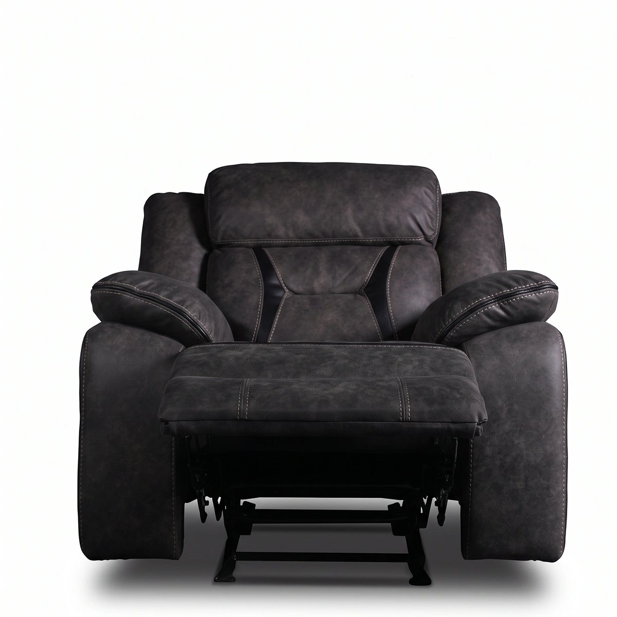 Maverick 40 inch oversized manual pull-tab recliner chair with footrest fully extended, front view.
