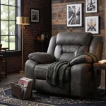 3D architectural interior render of Maverick 40-inch manual recliner chair in an industrial den with brick walls and warm wood accents.