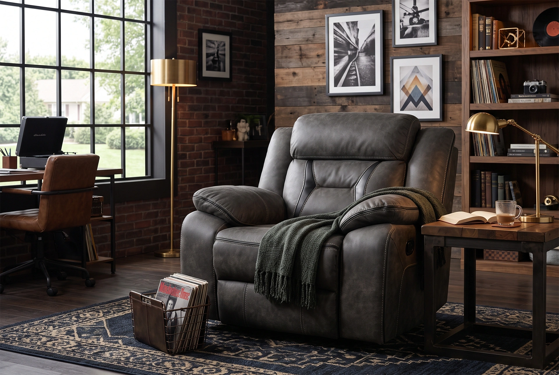 3D architectural interior render of Maverick 40-inch manual recliner chair in an industrial den with brick walls and warm wood accents.