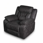 Three-quarter 30-degree side profile of Maverick manual recliner armchair for living room and den.