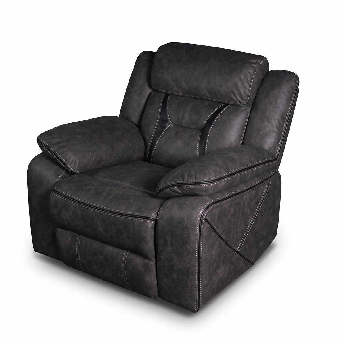 Three-quarter 30-degree side profile of Maverick manual recliner armchair for living room and den.