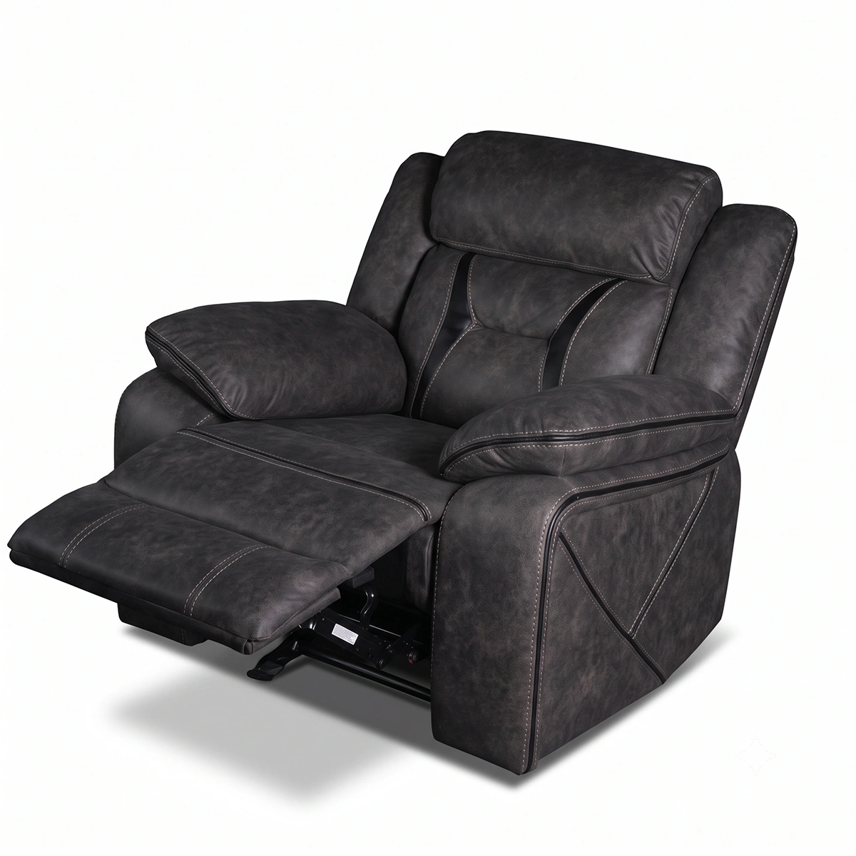 Side profile view of Maverick oversized manual recliner chair in full recline lounging position.