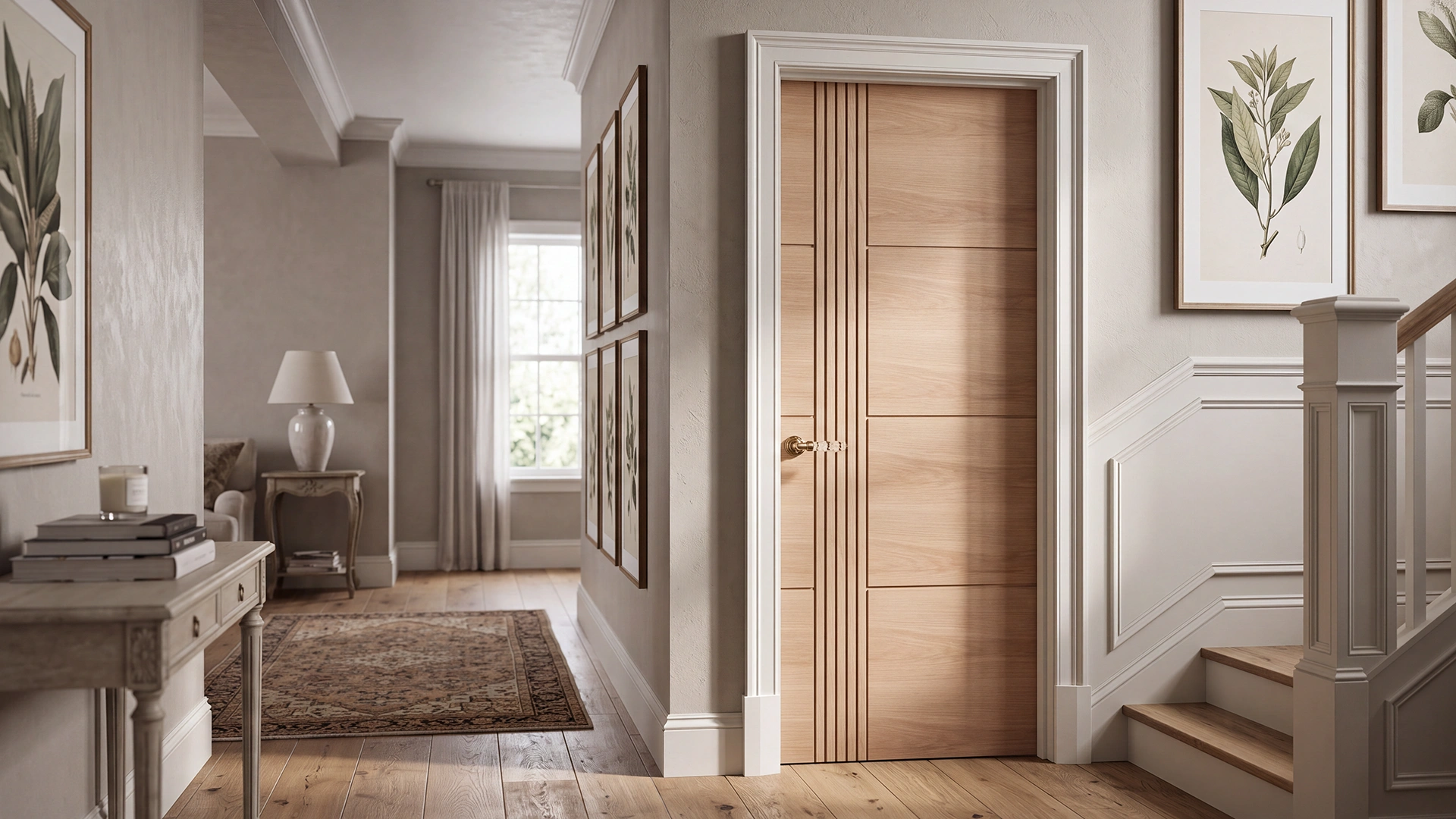 Modern Asymmetrical Reeded & Panel interior door installed in a luxury Japandi minimalist bedroom
