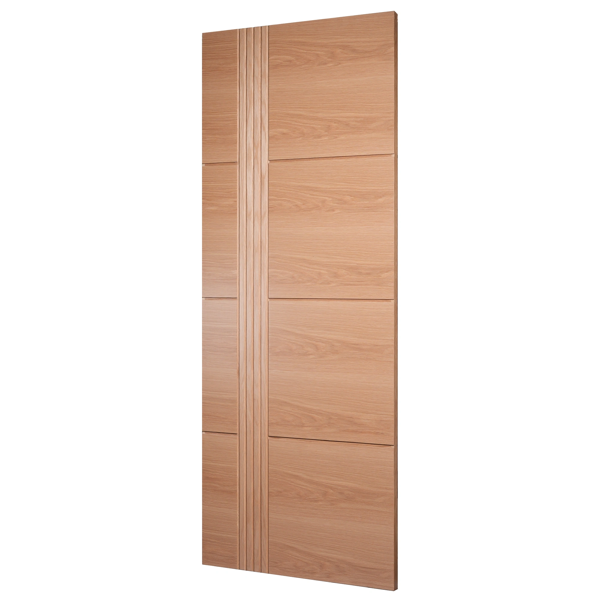 30-degree perspective of asymmetrical reeded flush slab door in Nordic Oak showing flute relief
