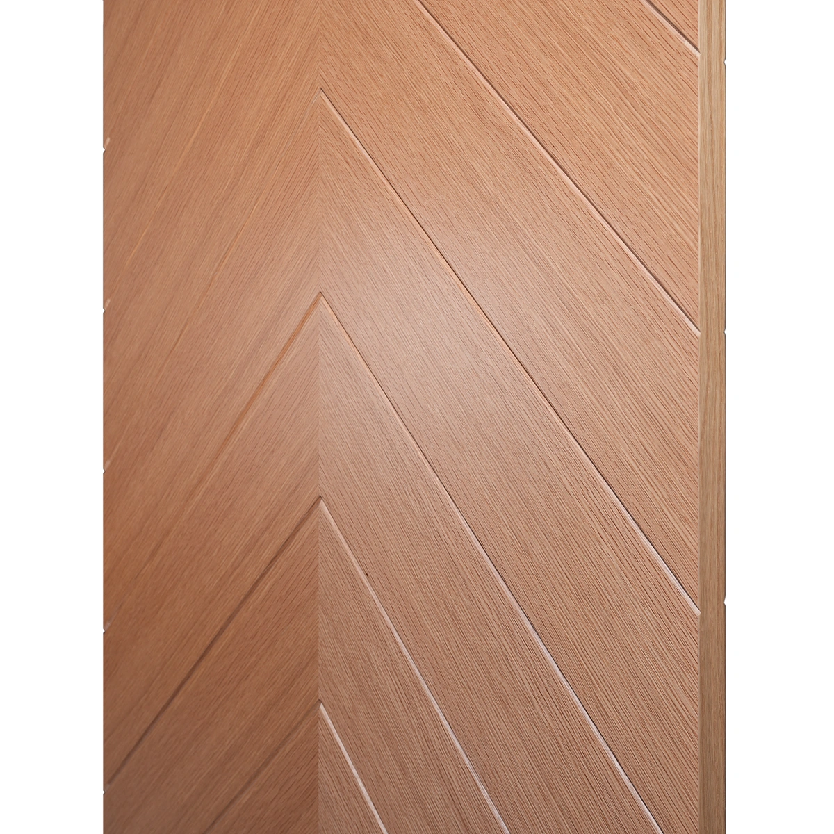 Macro close-up of center V-shaped chevron bookmatch seam on Nordic Wheat Oak veneer