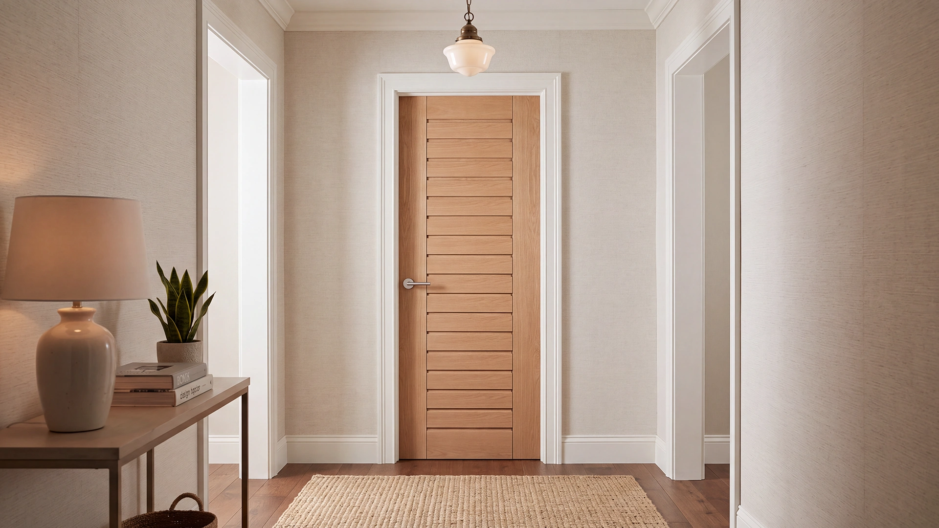 Modern Horizontal Slat White Oak interior door installed in a luxury contemporary bedroom corridor