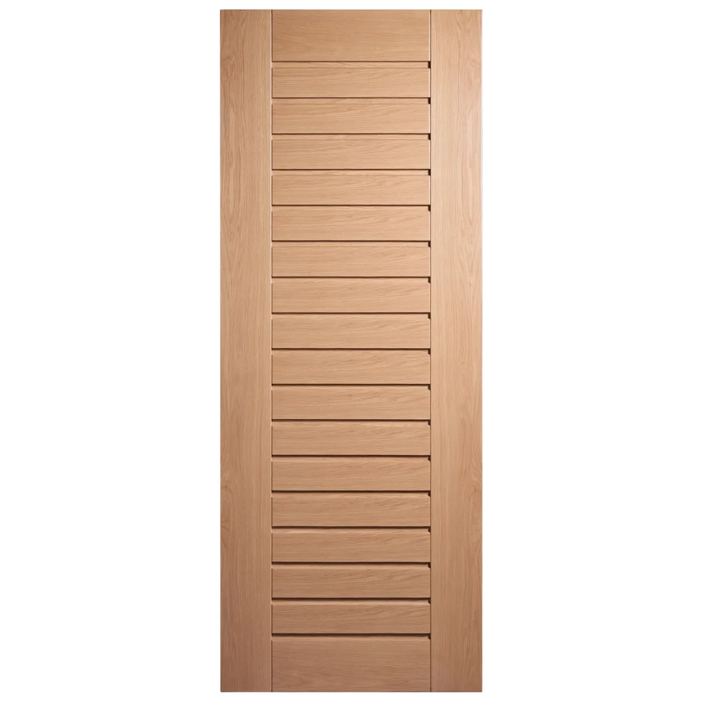 Front elevation of Modern Horizontal Slat White Oak interior slab door in Nordic Wheat Oak finish