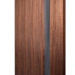 Macro close-up of architectural glass beading transition into Heritage Smoked Walnut veneer