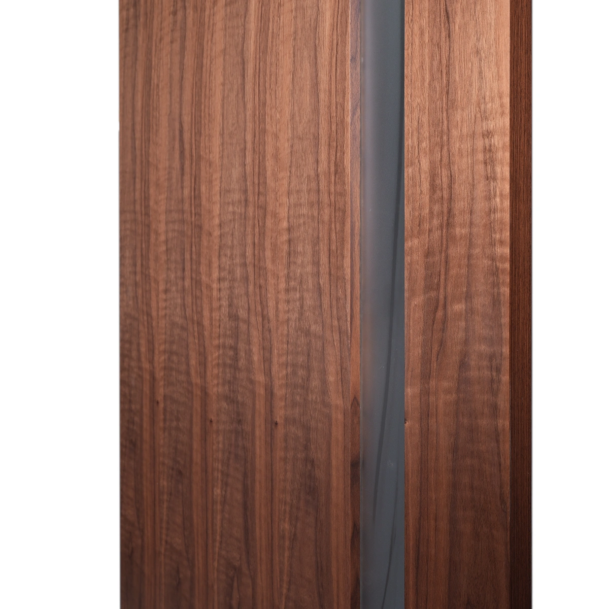 Macro close-up of architectural glass beading transition into Heritage Smoked Walnut veneer