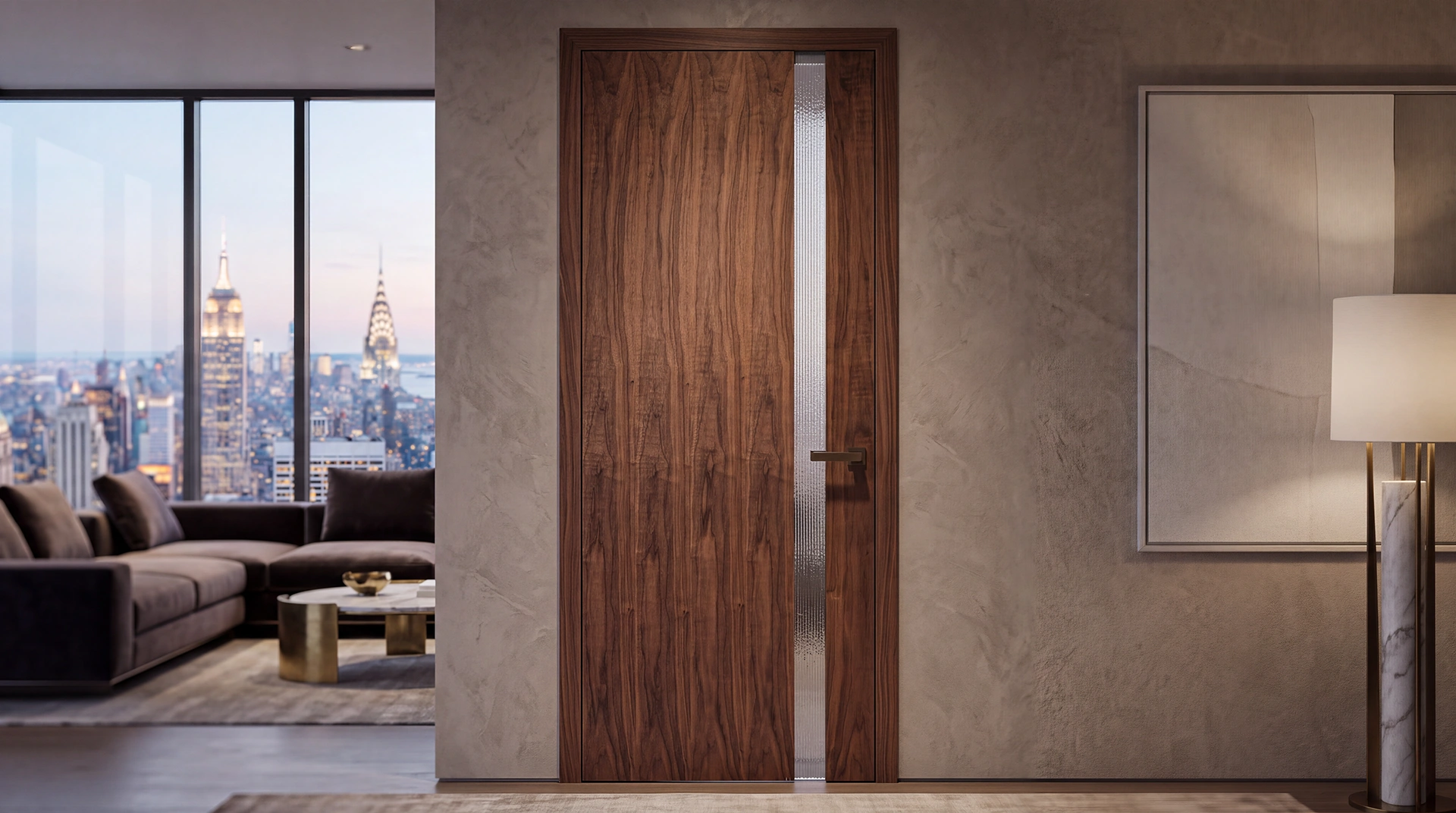 Modern Full-Height Offset 1-Lite door in Heritage Smoked Walnut installed in an executive master suite