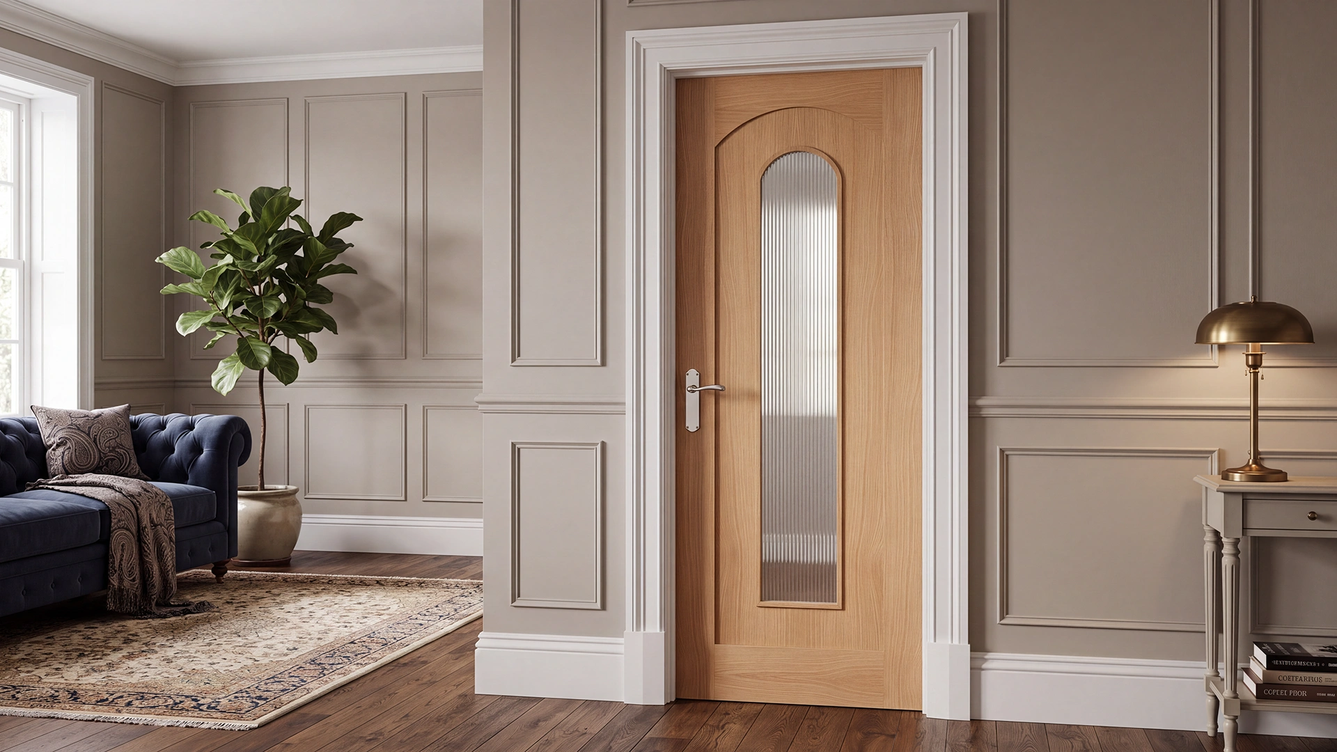 Modern Roman Arch 1-Lite interior glazed door installed in a luxury transitional dining room setting