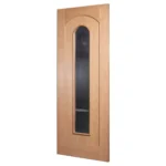30-degree profile view of Roman Arch 1-Lite interior glazed door slab in Nordic Wheat Oak