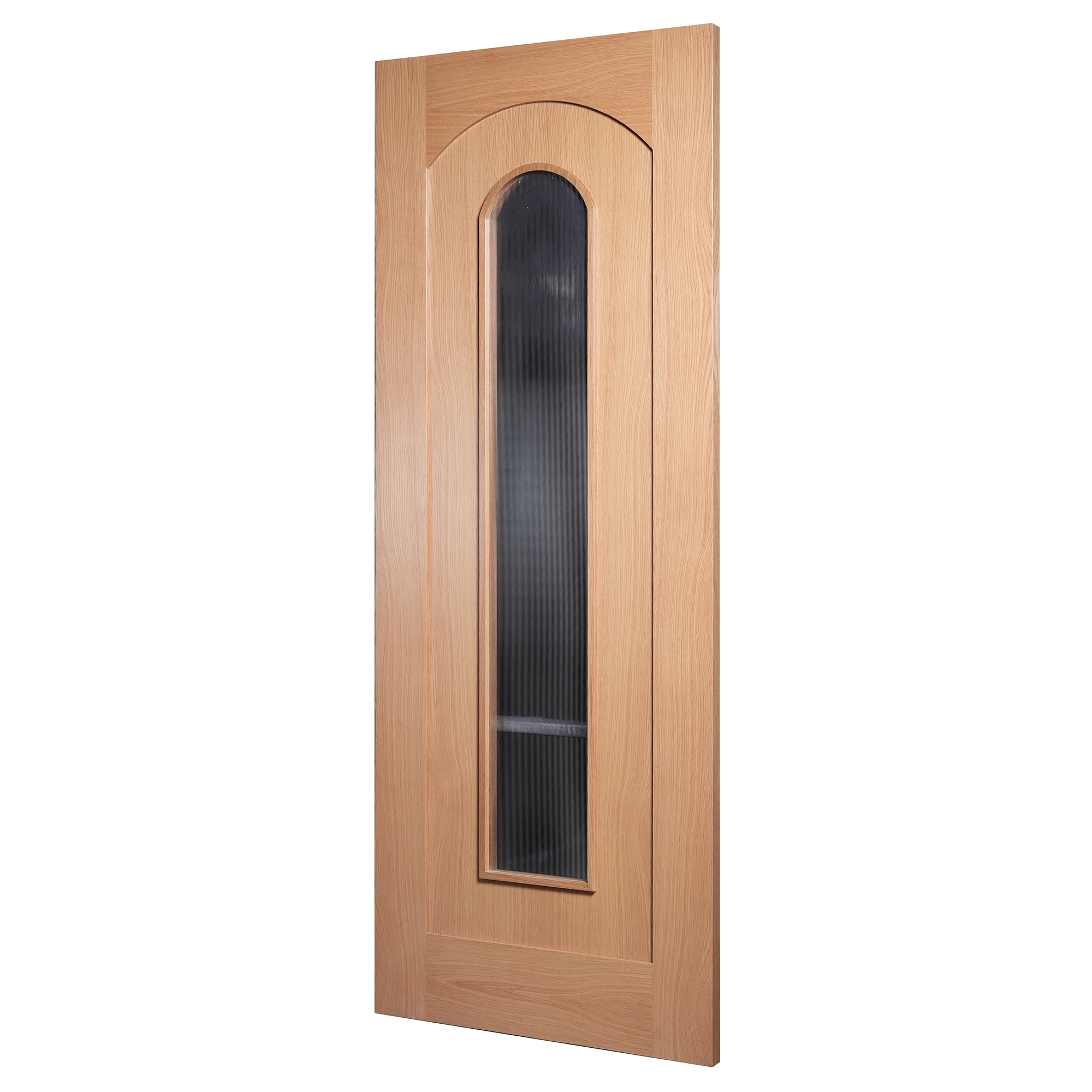 30-degree profile view of Roman Arch 1-Lite interior glazed door slab in Nordic Wheat Oak