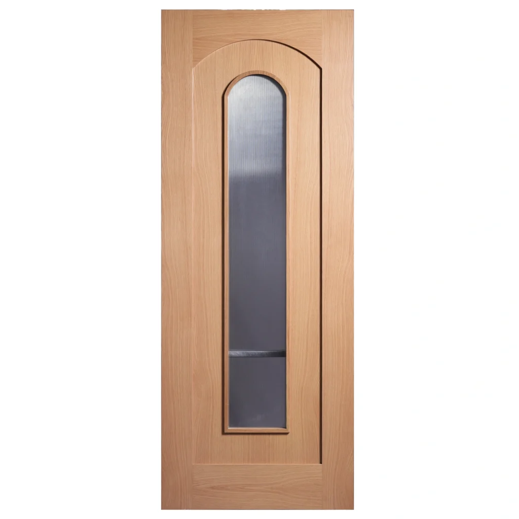 Front elevation of Modern Roman Arch 1-Lite interior glazed door in Nordic Wheat Oak finish