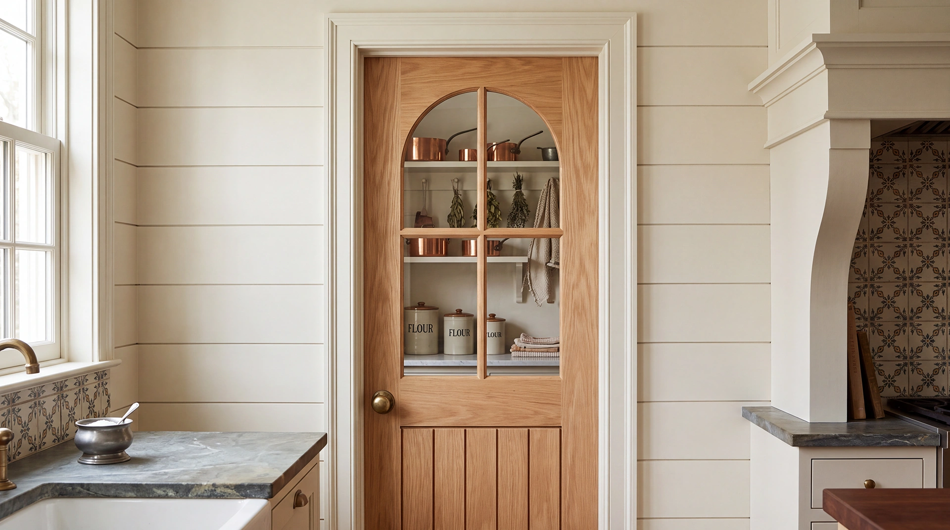 Modern Roman Arch 4-Lite Planked interior door installed in an upscale transitional living space