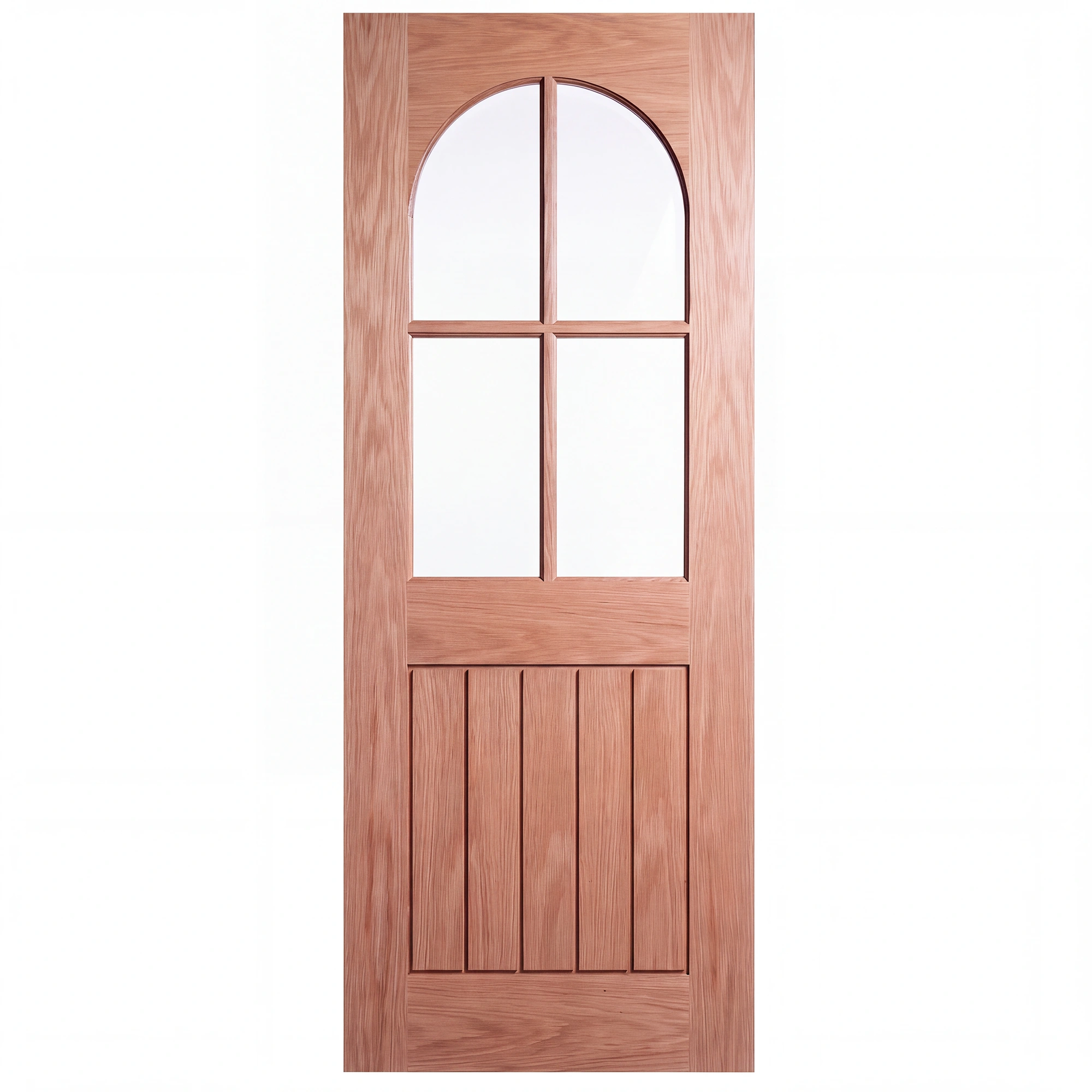 Front elevation of Modern Roman Arch 4-Lite Planked interior door in Nordic Wheat Oak finish