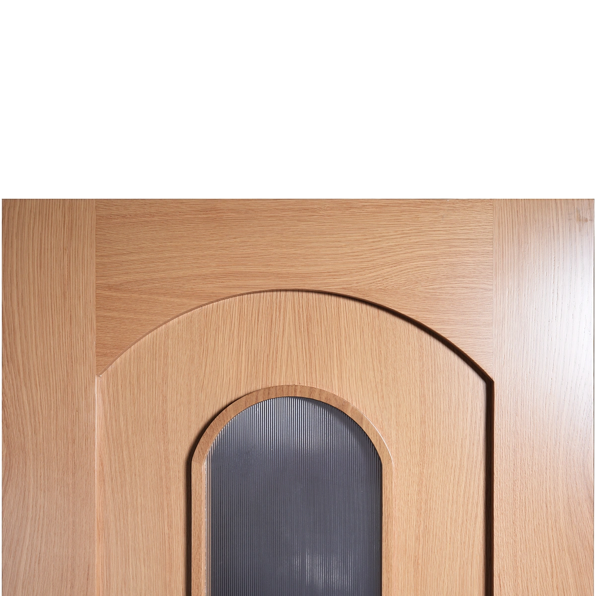 Close-up of upper rail and curved Roman arch joint on modern glazed interior door