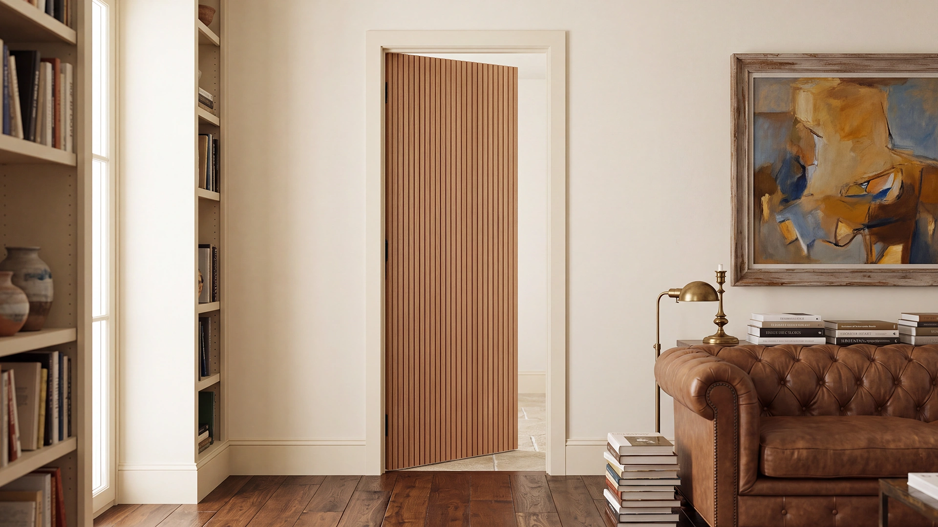 Modern Vertical Slat White Oak interior door installed in a luxury minimalist living space