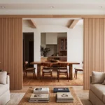 Double sliding barn door configuration of Modern Vertical Slat Interior Doors in Nordic Wheat Oak