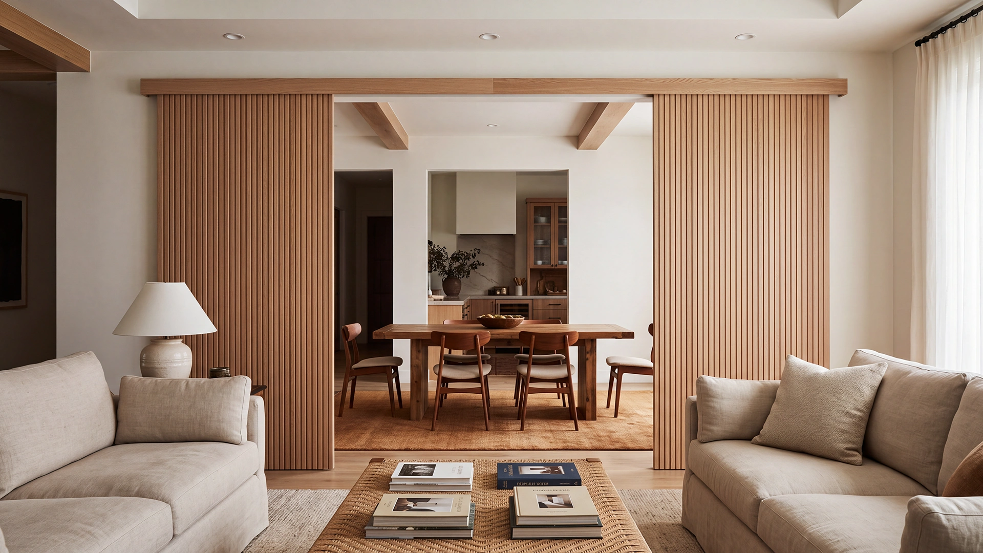 Double sliding barn door configuration of Modern Vertical Slat Interior Doors in Nordic Wheat Oak