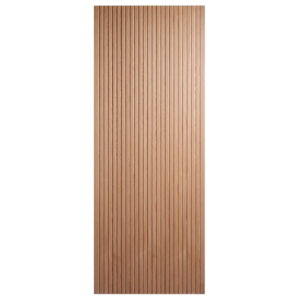 Front elevation of Modern Vertical Slat interior slab door in Nordic Wheat Oak finish