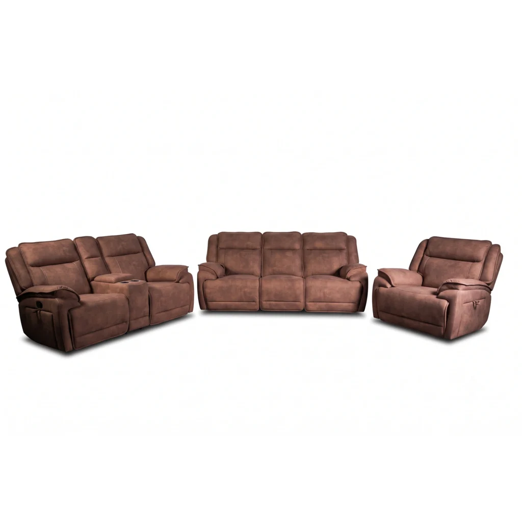 Montana 3-piece power reclining living room set including sofa, loveseat with console, and recliner chair in dark brown distressed faux leather.