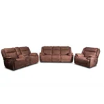Montana 3-piece power reclining living room set including sofa, loveseat with console, and recliner chair in dark brown distressed faux leather.