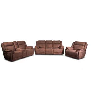 Montana 3-piece power reclining living room set including sofa, loveseat with console, and recliner chair in dark brown distressed faux leather.