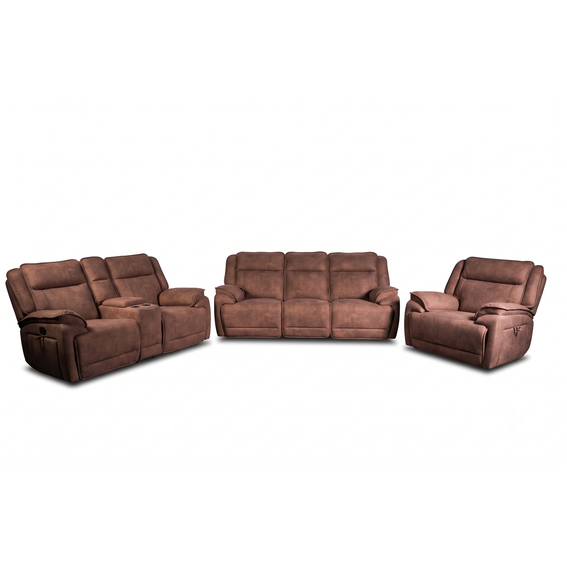 Montana 3-piece power reclining living room set including sofa, loveseat with console, and recliner chair in dark brown distressed faux leather.