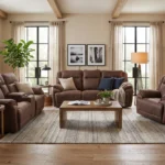 3D lifestyle rendering of the full Montana 3-piece power reclining set arranged in an expansive luxury living room.