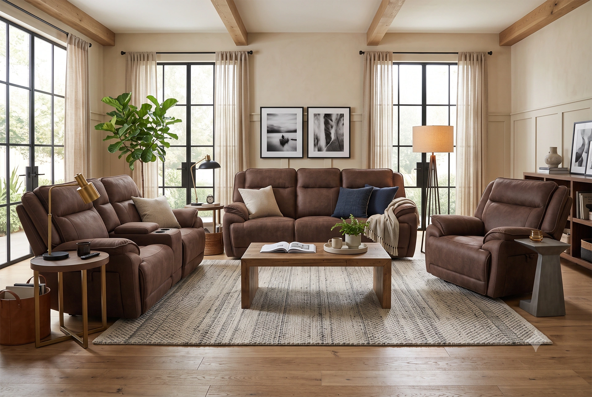 3D lifestyle rendering of the full Montana 3-piece power reclining set arranged in an expansive luxury living room.