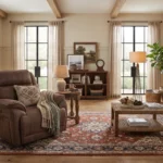 3D lifestyle rendering of Montana 46-inch oversized power recliner in a rustic executive den with timber beams.
