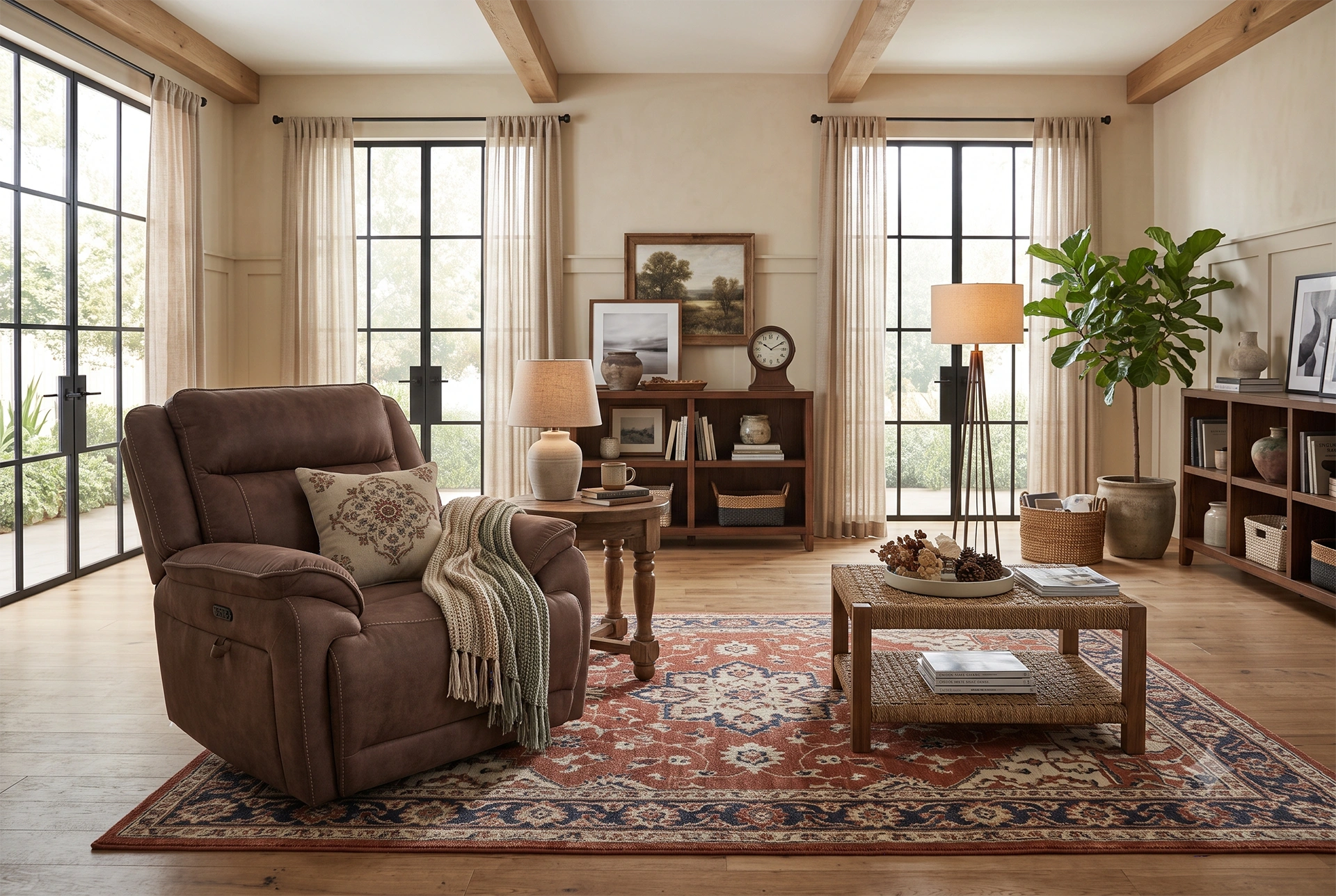 3D lifestyle rendering of Montana 46-inch oversized power recliner in a rustic executive den with timber beams.