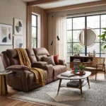 3D lifestyle rendering of Montana 80-inch console loveseat in a moody home theater media room.