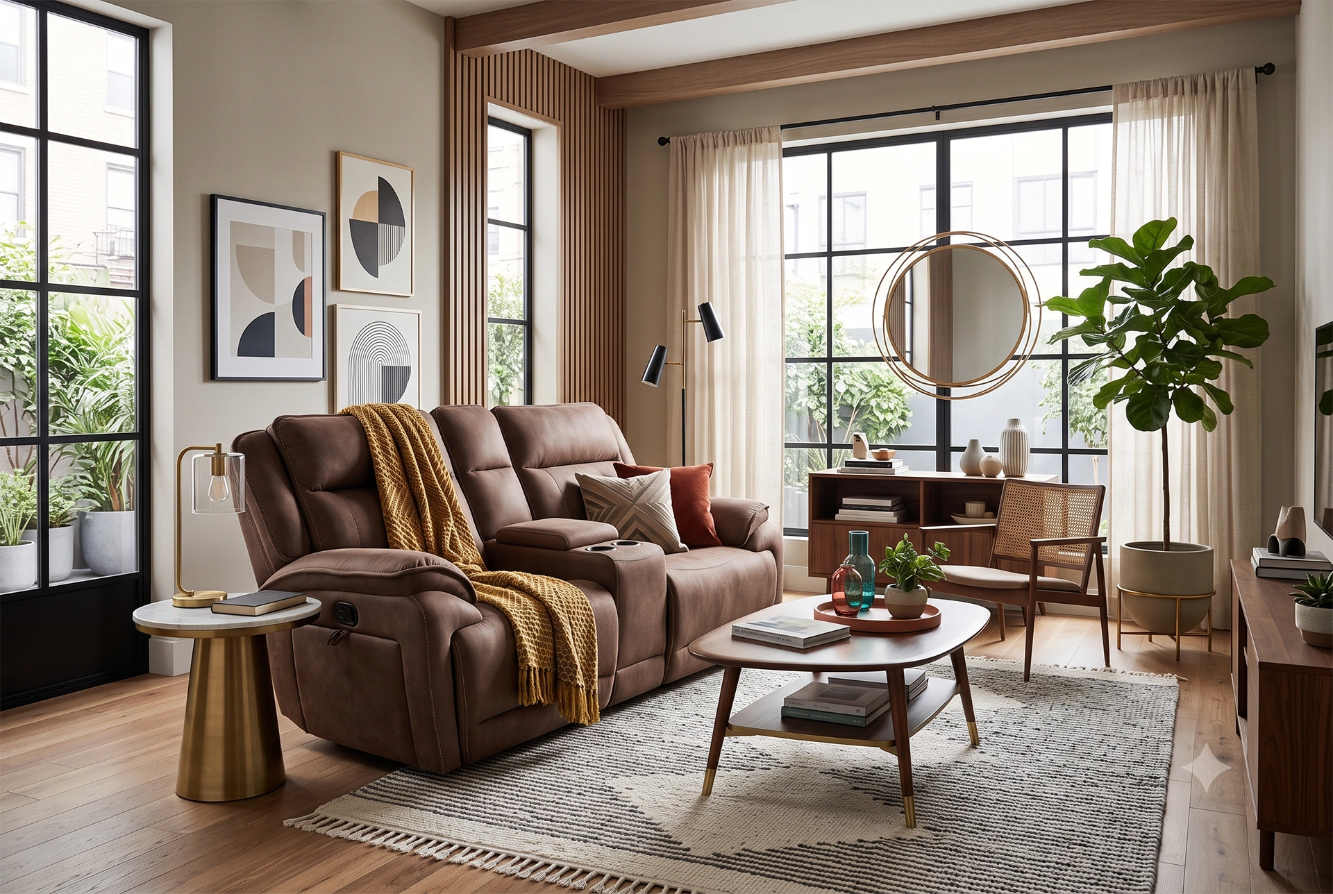 3D lifestyle rendering of Montana 80-inch console loveseat in a moody home theater media room.