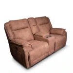Montana 80-inch power reclining loveseat with storage console and stainless steel cup holders, front view.