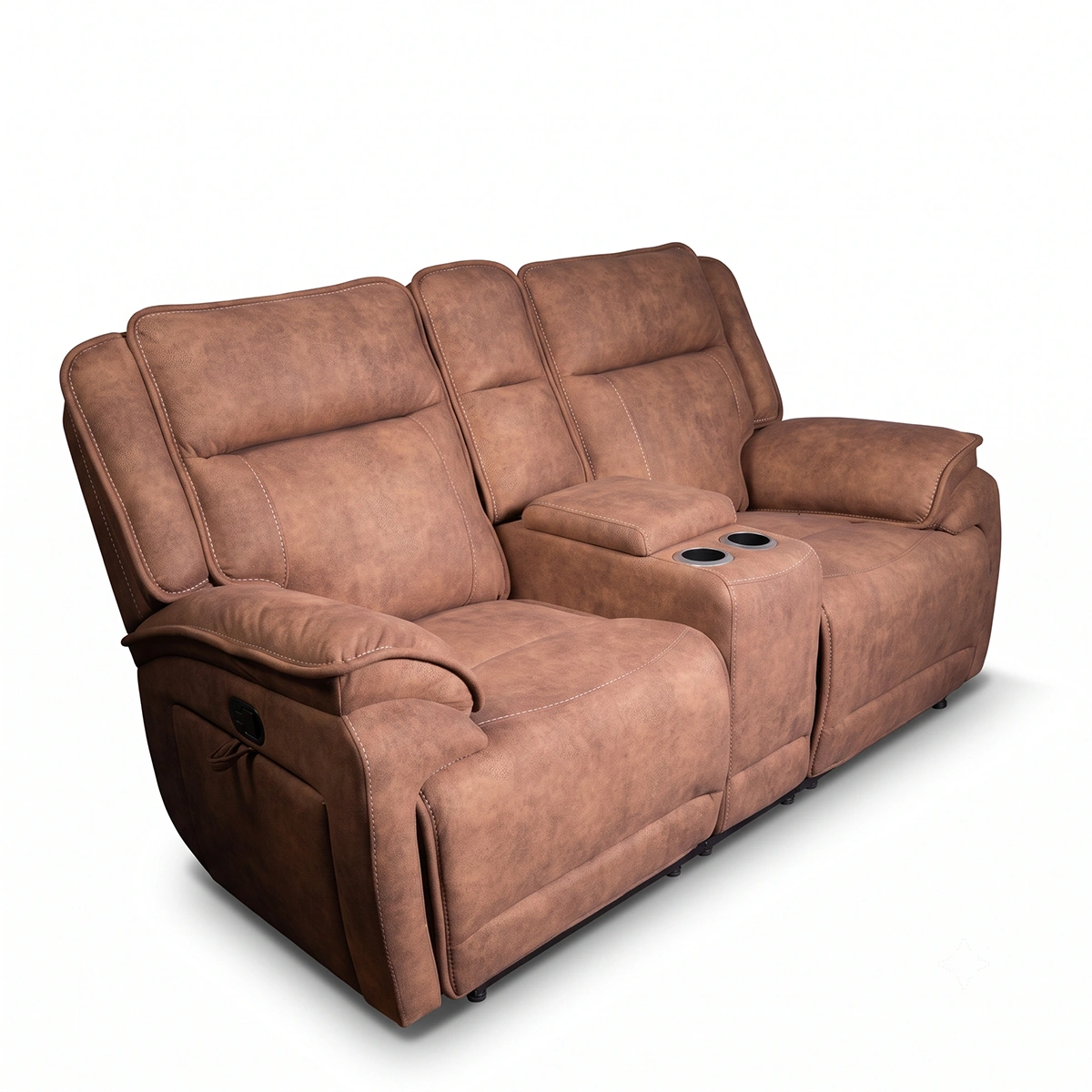 Montana 80-inch power reclining loveseat with storage console and stainless steel cup holders, front view.