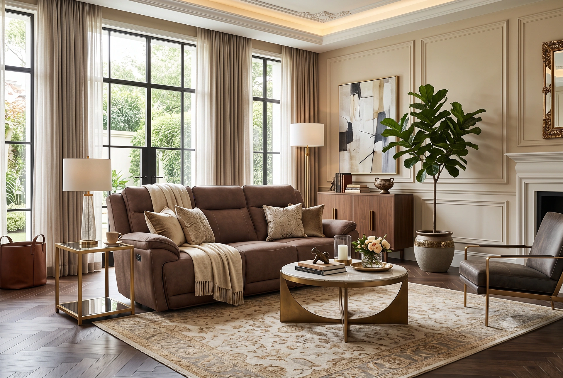 3D lifestyle rendering of Montana 90-inch power reclining sofa in a spacious modern mountain lodge living room.