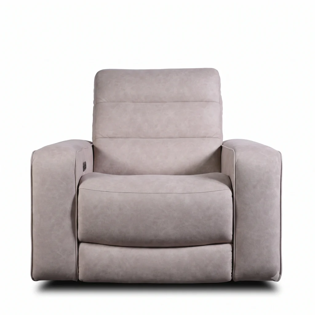 Morrison 42 inch oversized power recliner chair in taupe beige suede-feel faux leather, front view upright.