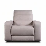 Morrison 42 inch oversized power recliner chair in taupe beige suede-feel faux leather, front view upright.