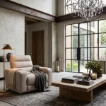 3D lifestyle rendering of Morrison 42-inch taupe power recliner chair in a modern organic luxury living room.